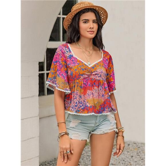 Ruched Printed Half Sleeve Blouse - Picture 5 of 7